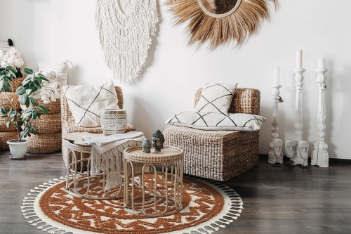 Dywan z frędzlami Okrągły 120x120 cm Boho Loft Pomarańczowy Do Salonu BOHO EA01A cream/terra