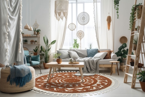 Dywan z frędzlami Okrągły 120x120 cm Boho Loft Pomarańczowy Do Salonu BOHO EA01A cream/terra