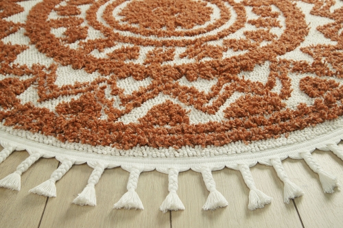 Dywan z frędzlami Okrągły 120x120 cm Boho Loft Pomarańczowy Do Salonu BOHO EA01A cream/terra