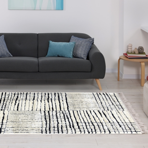 Dywan z frędzlami 60x110 cm Boho Kremowy Do Salonu SIENA 7491B bone/black