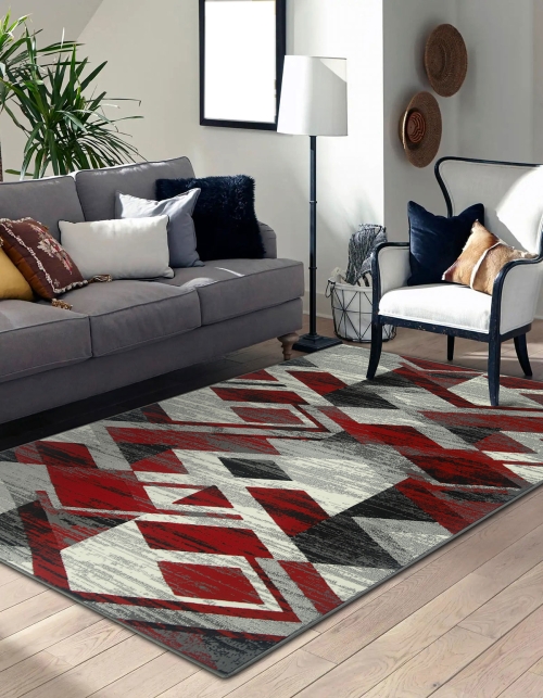 Dywan Geometryczny 80x150 cm Nowoczesny Czerwony Do Salonu VENEZIA 704386 51915 grey red
